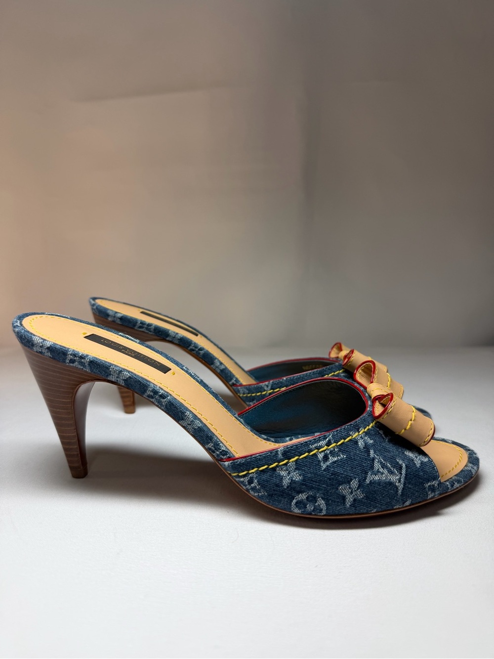 Louis Vuitton Vintage Monogram Denim Bow Peep-Toe Mules Heels 39.5